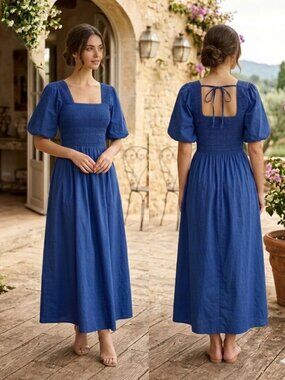 2/$65 NWT JAPNA 100% Cotton Blue Smocked Midi Dress Puff Sleeve Small